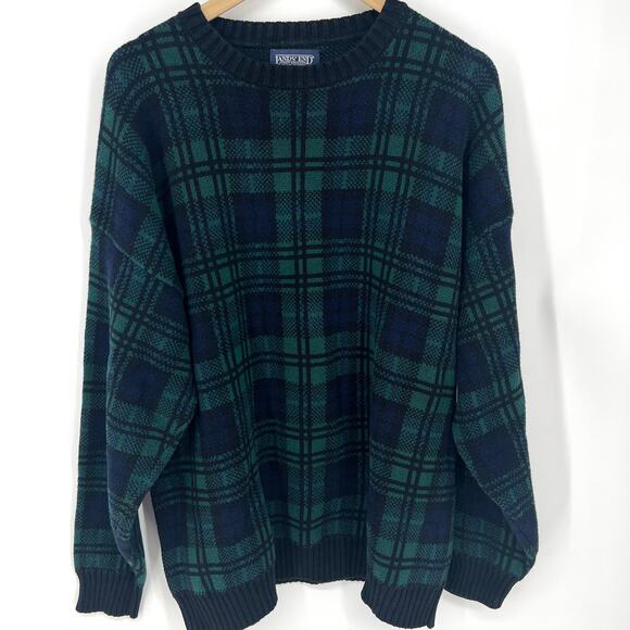 Vintage Lands End Mens Plaid Crewneck Cotton Knit Sweater Navy Green Size  XL - Picture 1 of 7